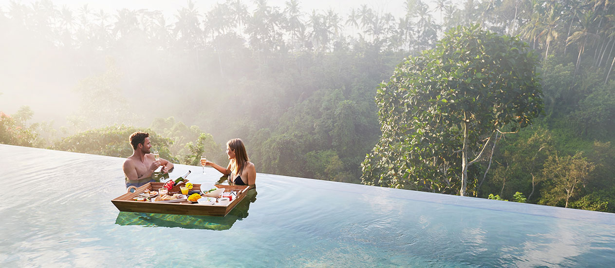 Floating Breakfast Experience at your private pool villa or Awana Pool and Lounge overlooking valley view at Kamandalu Ubud, Bali